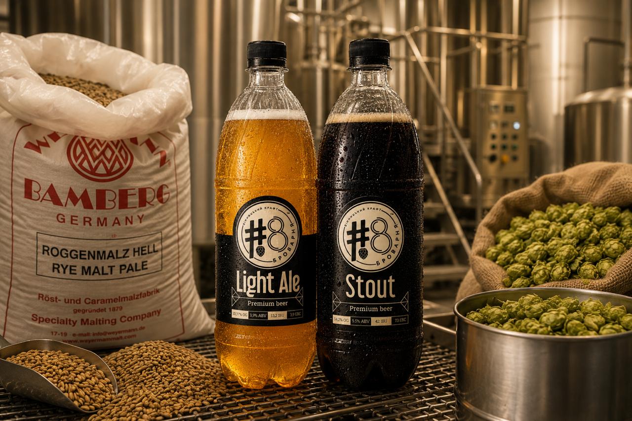 Пляшки Light Ale і Stout поруч із солодом та хмелем